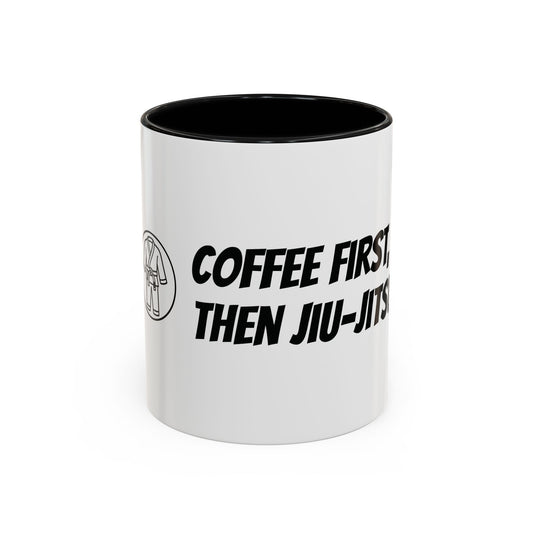 White mug with black interior and text 'Coffee First, Then Jiu-Jitsu' on a white background